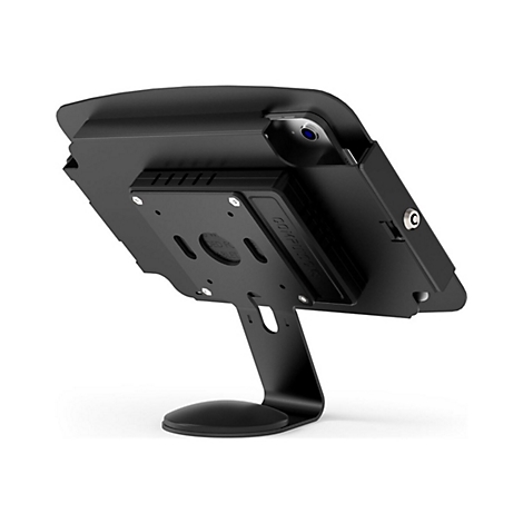 Schwarze Tablet-Halterung, leicht von unten nach oben, mit Schriftzug COMputerS.