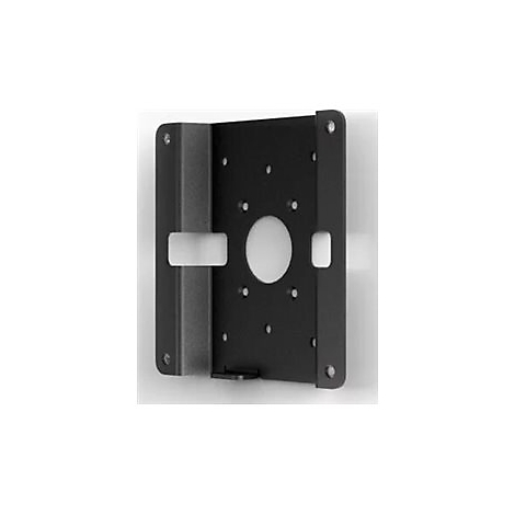 Schwarze Metallhalterung, mit Löchern und rechteckigen Aussparungen. Sie ist an der Wand montiert.