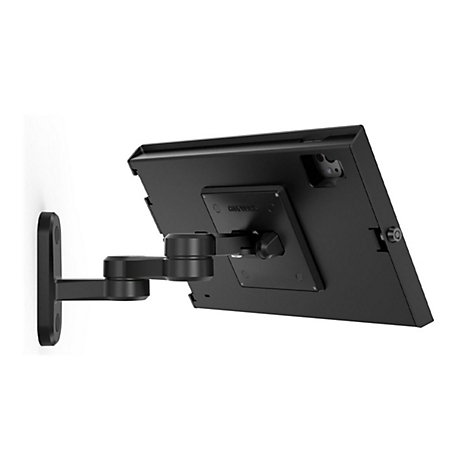 Schwarze Tablet-Wandhalterung, an der Wand befestigt.