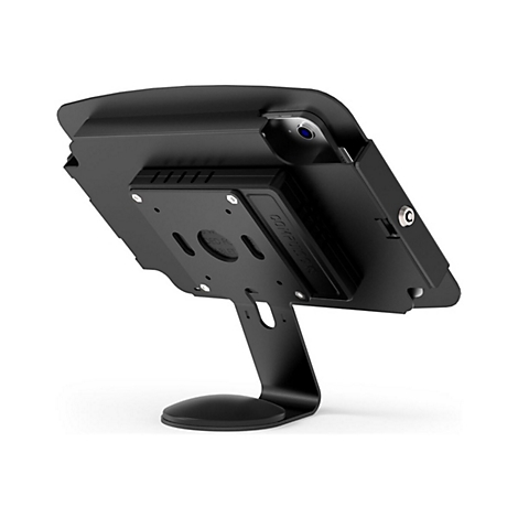 Schwarze Tablet-Halterung mit Rundfuß, Halterung und Display. Aufschrift: "COMPUTLOCKS".