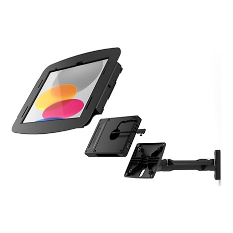 Schwarzer iPad-Halter, zerlegt: Gehäuse, Halterung, Wandhalterung.