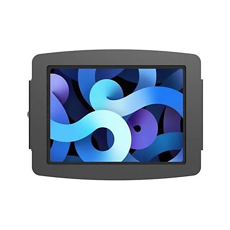 Dunkelgraue iPad-Hülle, mit blau-violettem Hintergrund. Eckige Form, abgerundete Ecken.