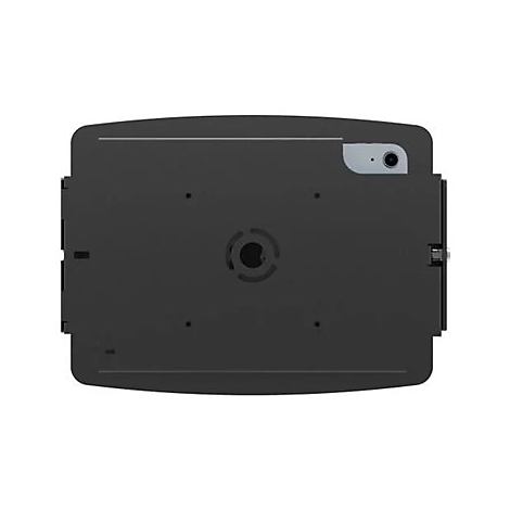 Dunkelgraue Tablet Halterung, Rückseite mit Apple Logo, Kamera und Halterungen.