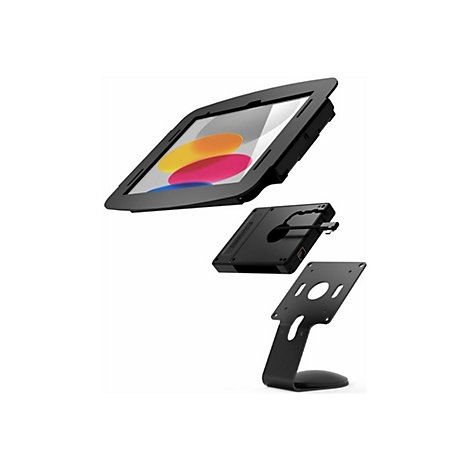 Schwarzes Tablet mit Halterung. Einzelne Komponenten in der Luft angeordnet.