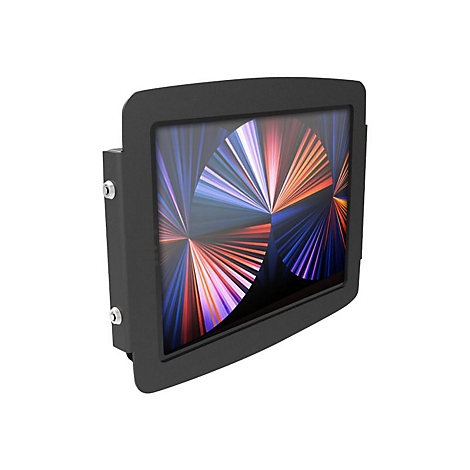 Schwarzes Tablet in Halterung, Bildschirm zeigt buntes abstraktes Muster. An der Seite sind Schrauben sichtbar.