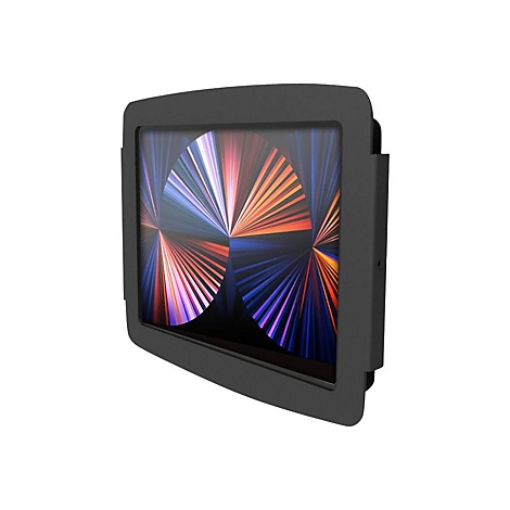 Schwarzes Tablet in Schutzhülle, diagonaler Blickwinkel. Das Display zeigt ein farbenfrohes, abstraktes Muster.