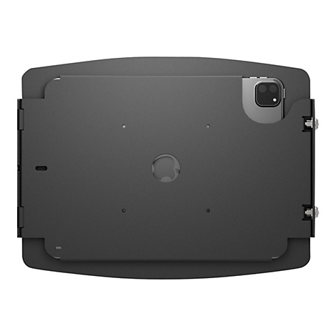 Dunkelgraue Schutzhülle für ein Tablet, das teilweise sichtbar ist. Das Apple-Logo ist angedeutet.