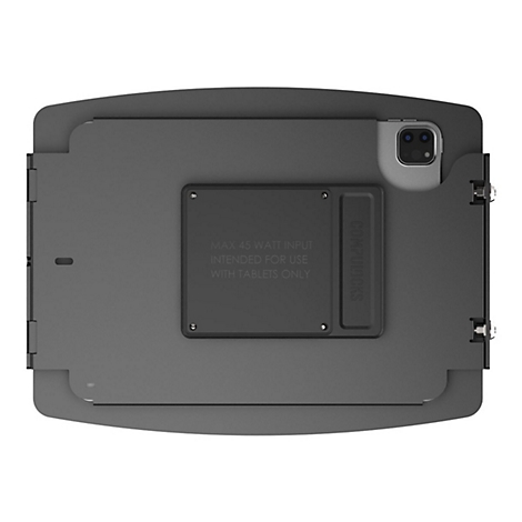 Graue Tablet-Halterung mit dem Text 'MAX 45 WATT INPUT' und 'COMPULOCKS' auf schwarzem Hintergrund.