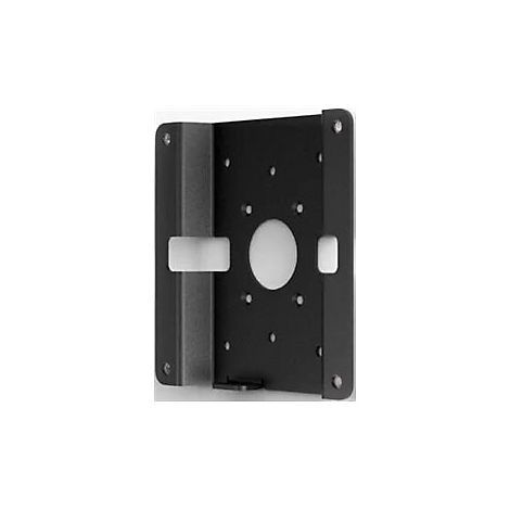 Schwarze Metallhalterung mit weißem Element. Verschiedene Löcher und rechteckige Aussparung.