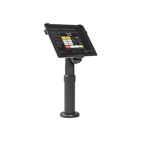 Schwarzes Tablet in Halterung, Bildschirm mit Bezahl-Optionen. Auf weißem Hintergrund.