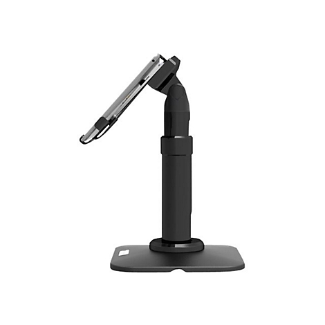 Schwarzer Tablet-Halter auf weißem Hintergrund. Der Halter ist verstellbar.