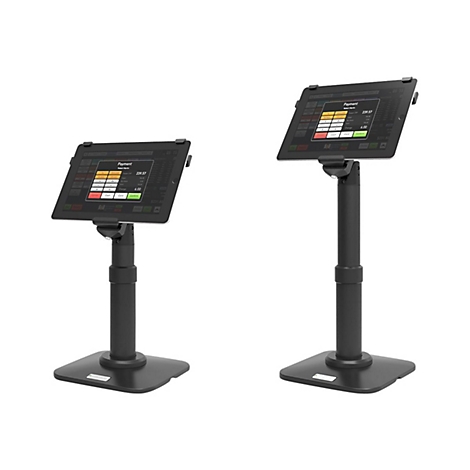 Zwei schwarze Tablet-Ständer, die ein Kassensystem mit der Aufschrift "Payment" zeigen. Auf dem Bildschirm sind Zahlungsdetails zu sehen.