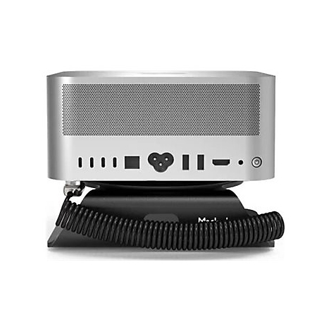 Ein silberner Mini-Computer mit verschiedenen Anschlüssen auf einer schwarzen Basis. Ein spiralförmiges Kabel verbindet die Basis.