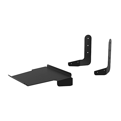 Construction métallique noire pour un support mural avec trois éléments : étagère et deux supports en forme de L.