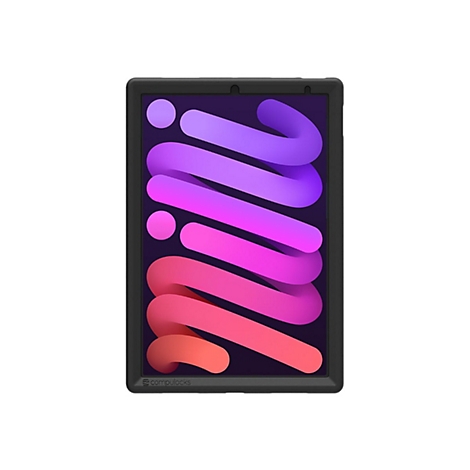 Schwarzes iPad Mini in Hülle, Display mit farbigen Formen. Firmenlogo unten links.