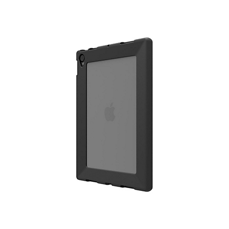 Ein schwarzes Tablet in einer schwarzen Schutzhülle, vor weißem Hintergrund. Das Apple-Logo ist auf dem Bildschirm sichtbar.