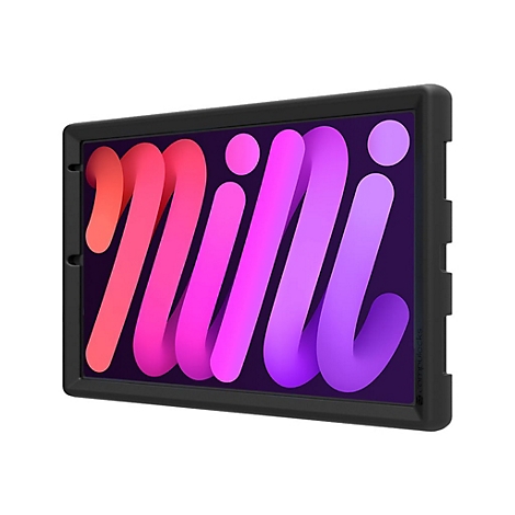 Ein schwarzes Tablet in einer Schutzhülle, auf dem ein buntes Logo angezeigt wird.