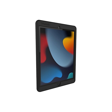 Schwarzes iPad mit Hülle auf weißem Hintergrund. Der Bildschirm zeigt ein abstraktes farbiges Muster.