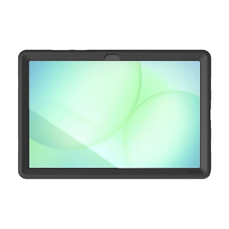 Ein schwarzes Tablet in einer Schutzhülle; der Bildschirm zeigt grüne und blaue abstrakte Formen.