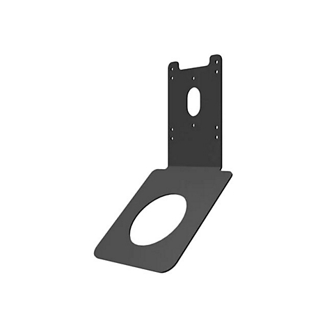 Schwarze Metallhalterung mit ovalen und runden Öffnungen. Sie hat eine senkrechte und eine abgewinkelte Fläche.