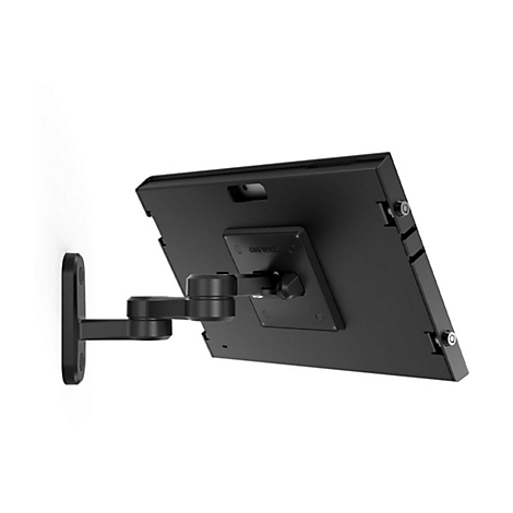 Schwarze Wandhalterung für ein Tablet, drehbar gelagert. Auf der Halterung ist der Schriftzug "Conference" zu erkennen.