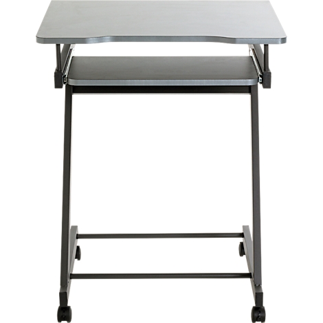 Kleiner, mobiler Laptop-Tisch mit Rollen, grauer Tischplatte und Ablage.