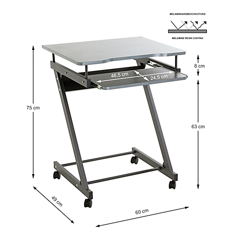 Ein grauer, rollbarer Laptop-Tisch mit Z-förmigen Beinen und Maßangaben. Das obere Fach misst 46,5 x 24,5 cm. Daneben ein Diagramm zur Melaminharzbeschichtung.