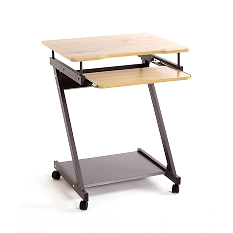Ein mobiler Computertisch auf Rollen. Oben und unten Holzplatten, dazwischen eine ausziehbare Ablage für die Tastatur. Dunkles Metallgestell.