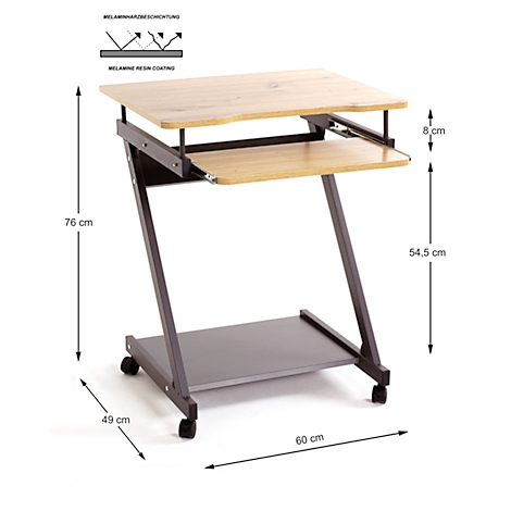 Beistelltisch mit Rollen und zwei Ebenen. Holzoptik mit Maßangaben.