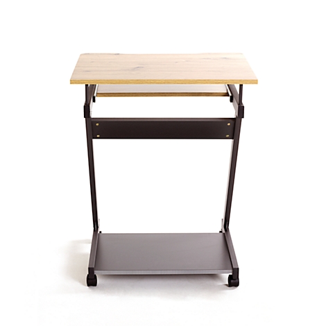 Ein kleiner Beistelltisch mit Rollen. Tischplatte aus Holz, Gestell aus Metall.