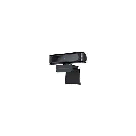 Schwarze Webcam, die auf einer Halterung montiert ist. Das Objektiv ist mittig platziert. Die Kamera ist auf weißem Hintergrund.