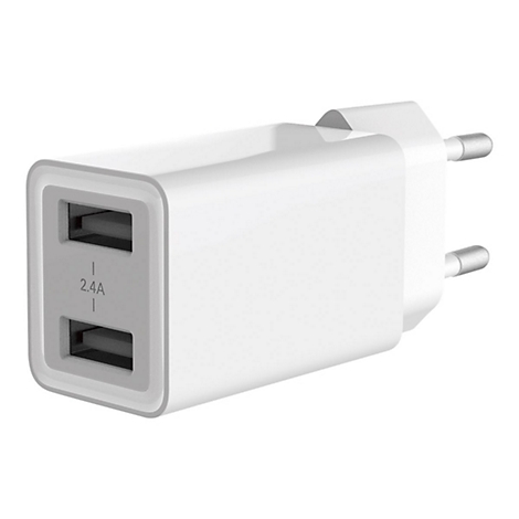 Weißes USB-Ladegerät mit zwei Anschlüssen und einer Leistung von 2,4A.
