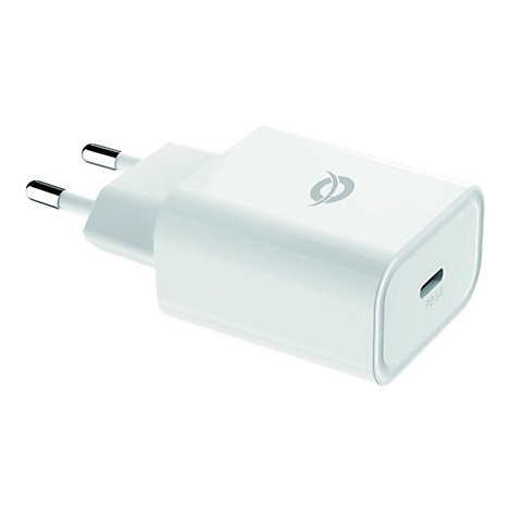 Weißes Ladegerät mit EU-Stecker und USB-C-Anschluss, das Logo und die Aufschrift PD 3.0 zeigt.
