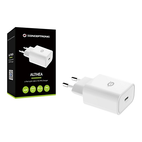 Weißes Conceptronic Althea 25W USB-C PD PPS Ladegerät mit Verpackung auf weißem Hintergrund.