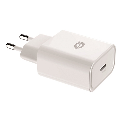 Weißes USB-C Ladegerät mit EU-Stecker und PD 3.0 Kennzeichnung auf weißem Hintergrund.