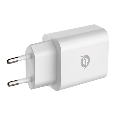 Weißes Euro-Stecker-Netzteil vor neutralem Hintergrund mit Logo auf der Seite.