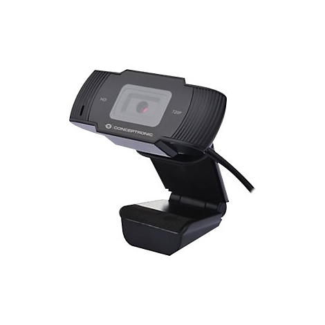 Schwarze Webcam, geneigt, mit integriertem Mikrofon und StandfuÃŸ. Aufschrift HD und 720p.