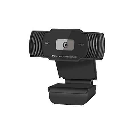 Schwarze Webcam mit "FHD 1080P" Schriftzug, Konzeptronic-Logo und Halterung.