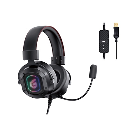 Schwarzes Gaming-Headset mit roter Naht, RGB-Beleuchtung an den Ohrmuscheln und Kabelfernbedienung mit USB-Anschluss.