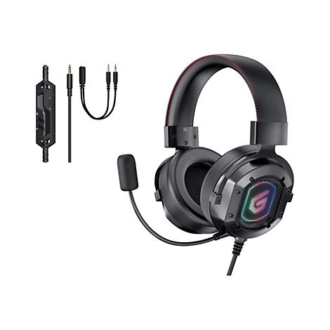 Schwarzes Gaming-Headset mit RGB-Beleuchtung, abnehmbarem Mikrofon und Kabelfernbedienung auf weißem Hintergrund.