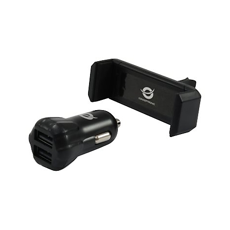 Schwarzes Conceptronic Kfz-Ladegerät mit zwei USB-Anschlüssen und dazu passender Smartphone-Halterung.