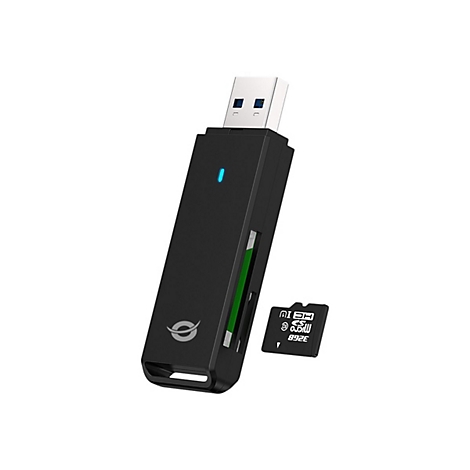 Schwarzer USB-Kartenleser mit eingestecktem USB-Stecker, daneben eine Micro-SD-Karte. Kleiner blauer Leuchtpunkt.