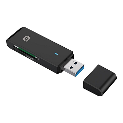 Schwarzer USB-Kartenleser mit abnehmbarer Kappe, Micro SD und SD-Steckplatz. Blaue Kontrollleuchte.