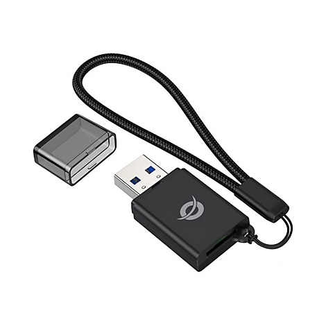 Schwarzer USB-Kartenleser mit Schutzdeckel und Trageschlaufe. Logo in Silber.