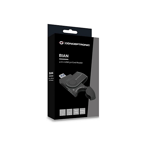 Schwarze Produktverpackung eines Card Readers, mit Produktname und Produktbild. Der Card Reader ist ein USB 3.0 Gerät.