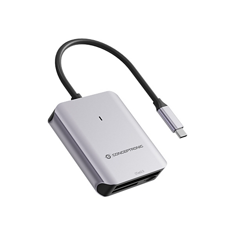 Silberner Conceptronic CFast 2.0 Kartenleser mit USB-C-Kabel auf weißem Hintergrund.