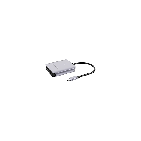 Silberner Kartenleser mit schwarzem Kabel und USB-C-Anschluss.