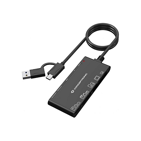 Schwarzer Conceptronic Kartenleser mit USB-A und USB-C Anschluss vor weißem Hintergrund.