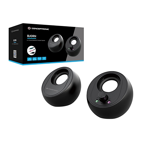 Schwarze Lautsprecherboxen mit weißem Innenteil. Eine Box zeigt Bedienelemente. Auf der Verpackung steht "BJORN" und "Conceptronic".