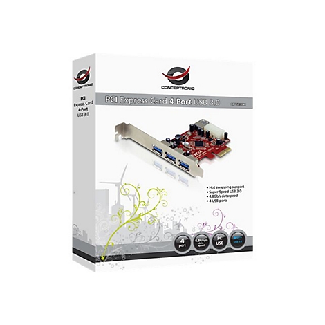 Verpackung der Conceptronic PCI Express Karte mit vier USB 3.0 Anschlüssen auf weißem Hintergrund.